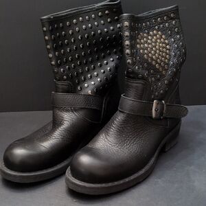 Simona Barbieri Twin-Set Women's Black Leather Studded Biker Boots Size 37.